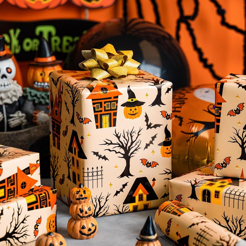 Yarcony Halloween Wrapping Paper Roll - 17 Inch X 33 Feet - Metallic Foil Classic Orange Haunted House, Pumpkin and Bat Pattern Gift Wrap Paper Sheet for Halloween's Day, Holiday Decorations, Birthday - Image 2